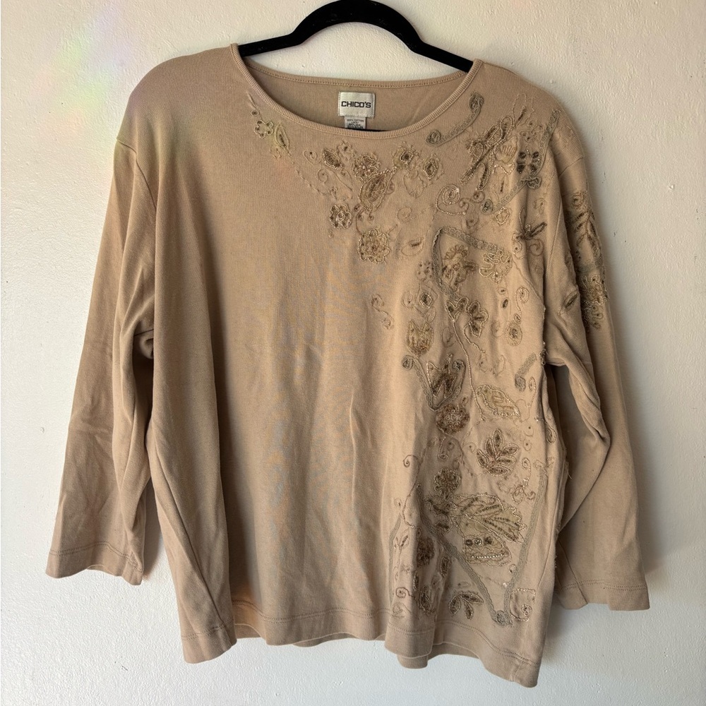 Chicos Brown Beaded Long Sleeve Shirt, Size 3 Or XL